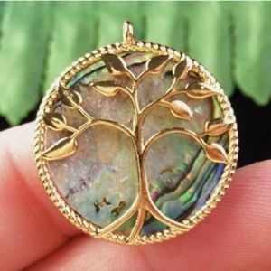 New Gold Wrapped Natural Abalone Shell Tree of Life Round Pendant.